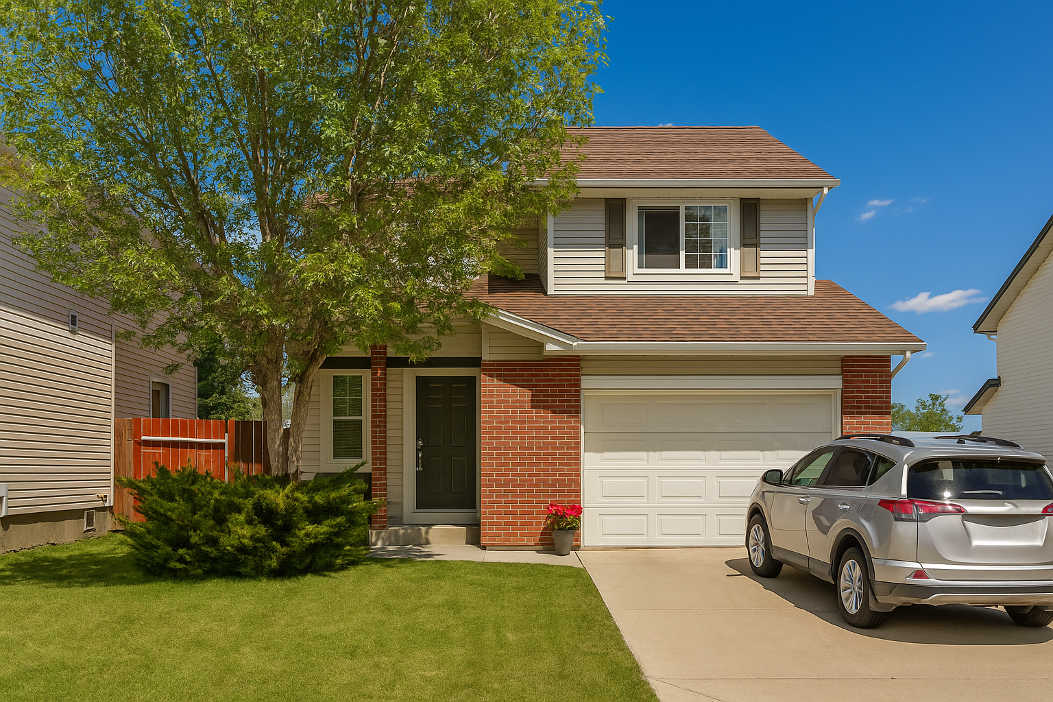 Front exterior of 83 Country Hills Villas NW, a Calgary home for sale with garage, brick accents, and landscaped yard.