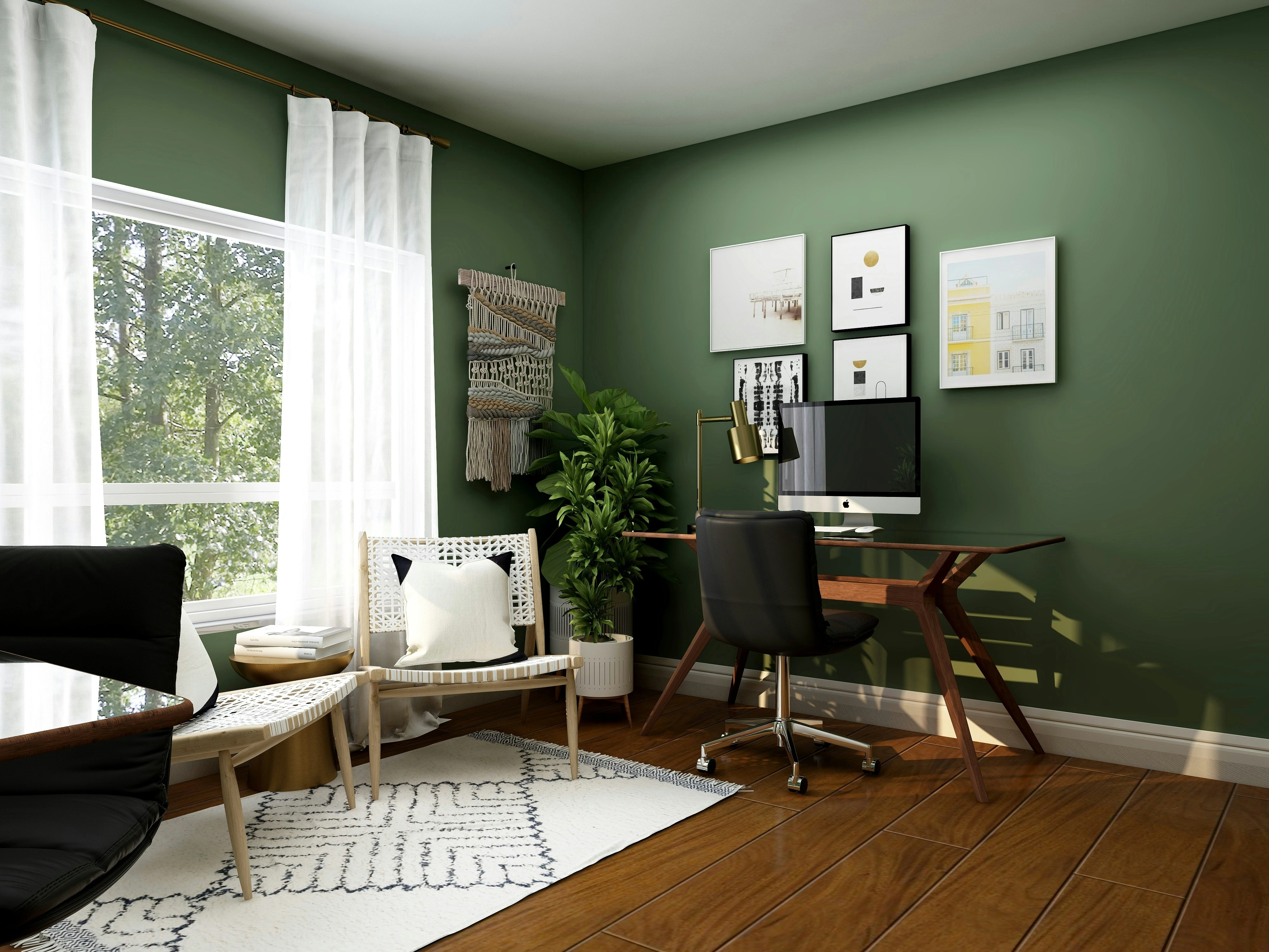 Renovated Calgary home office with green accent wall, natural light, and modern workspace design.