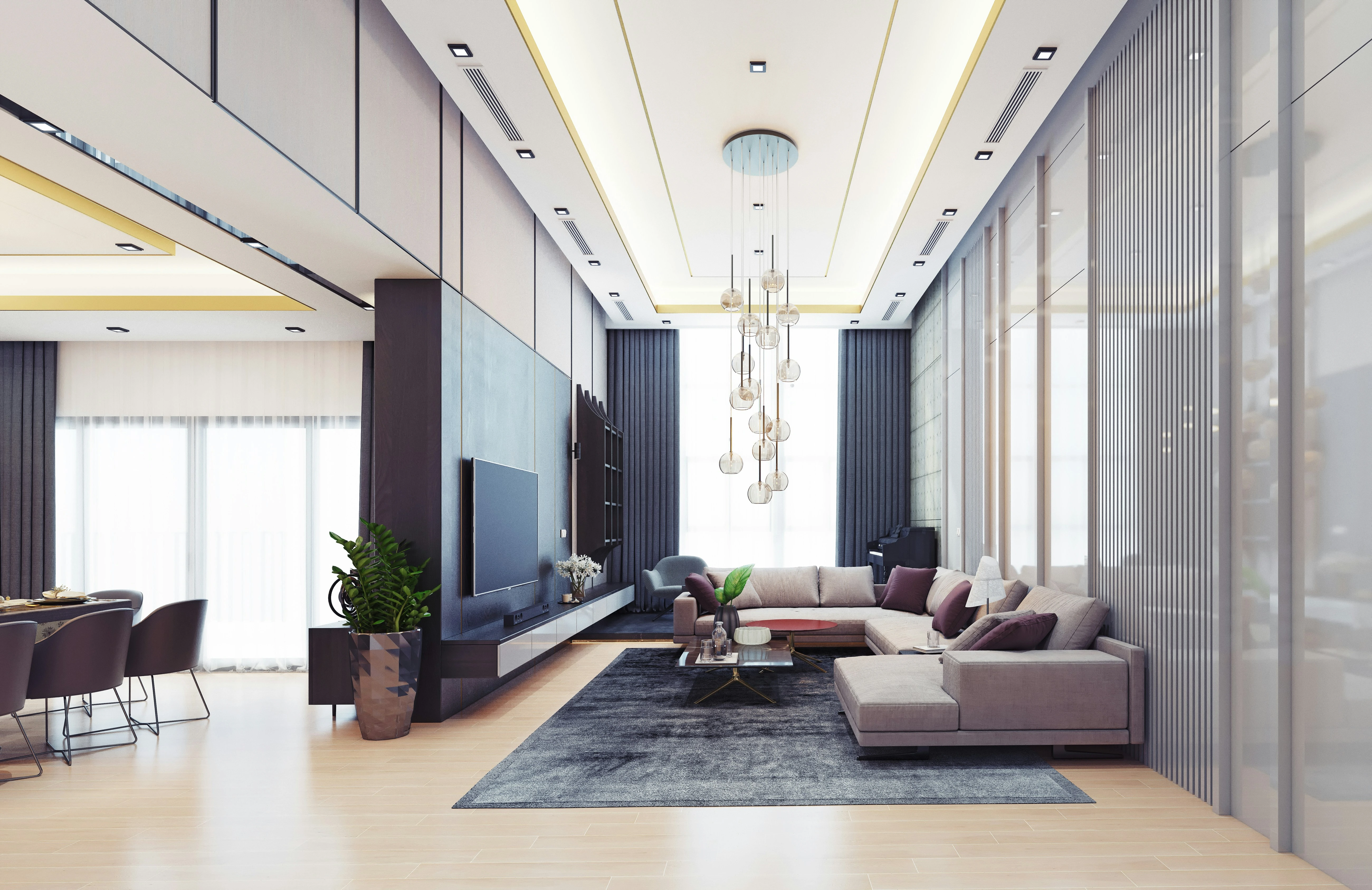 Elegant living room with high ceilings and modern finishes in a Calgary luxury home.