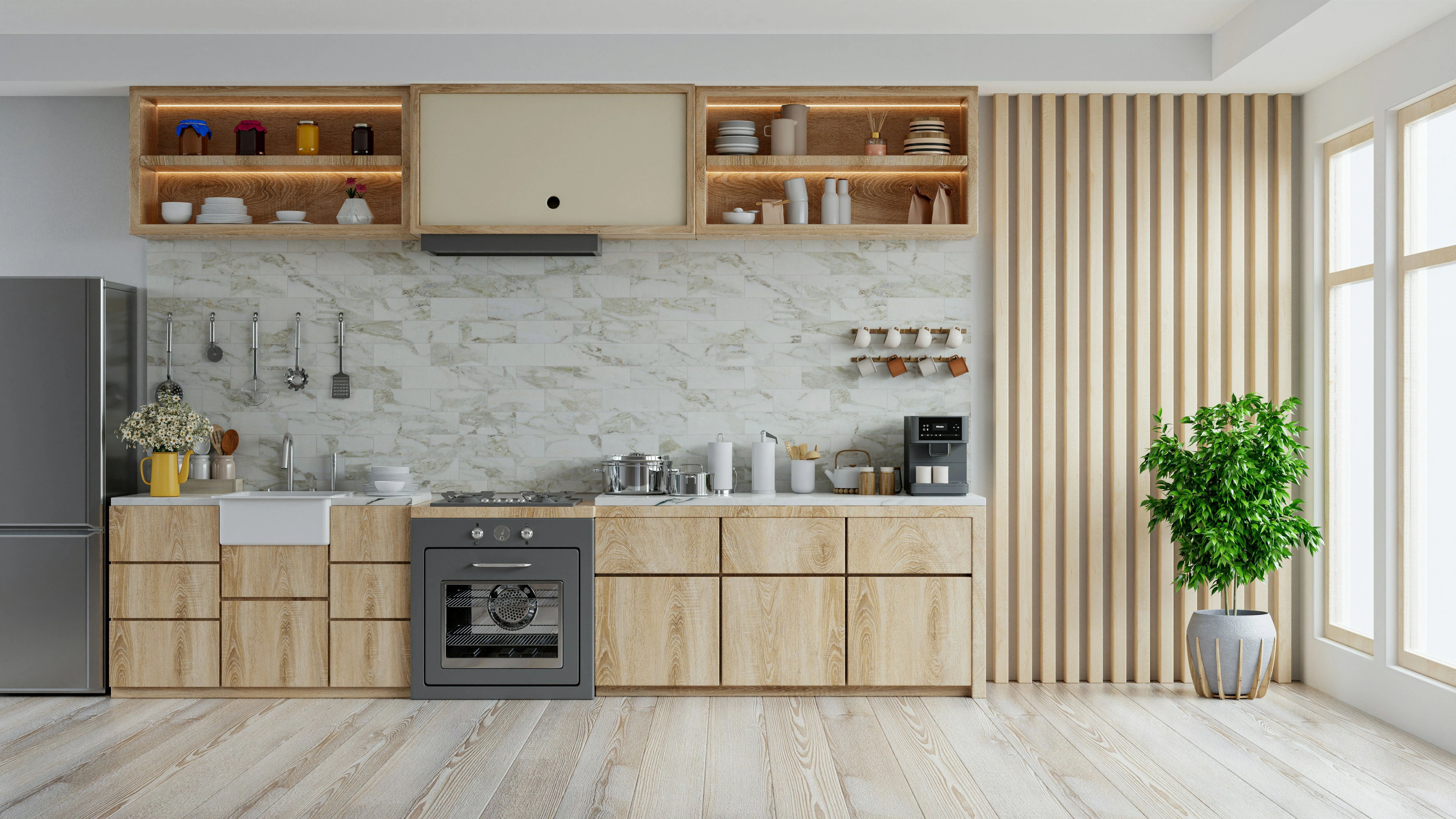 Bright modern Calgary kitchen renovation with wood cabinets, marble backsplash, and energy-efficient appliances.