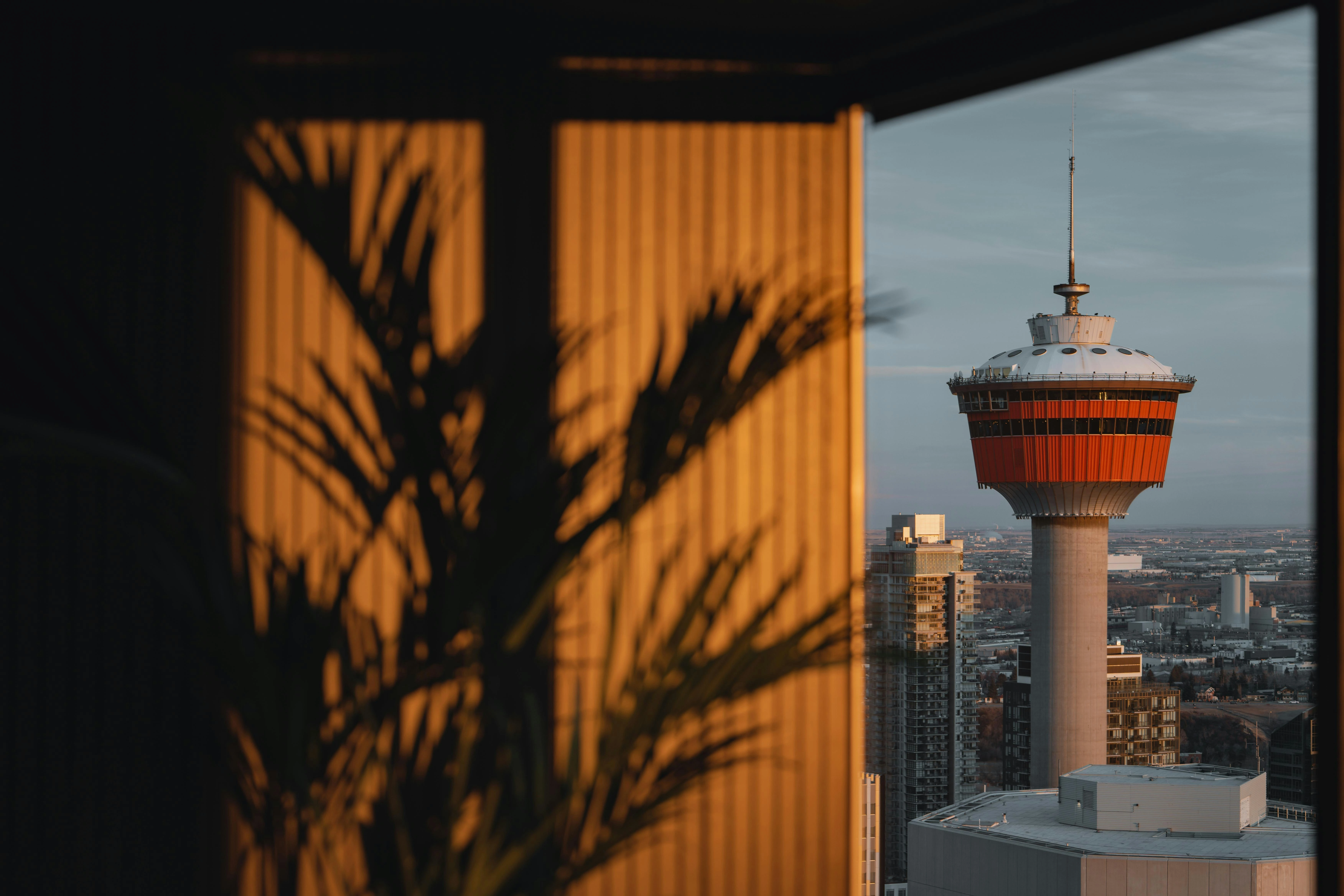 View of the Calgary Tower framed by a modern apartment window at sunset.