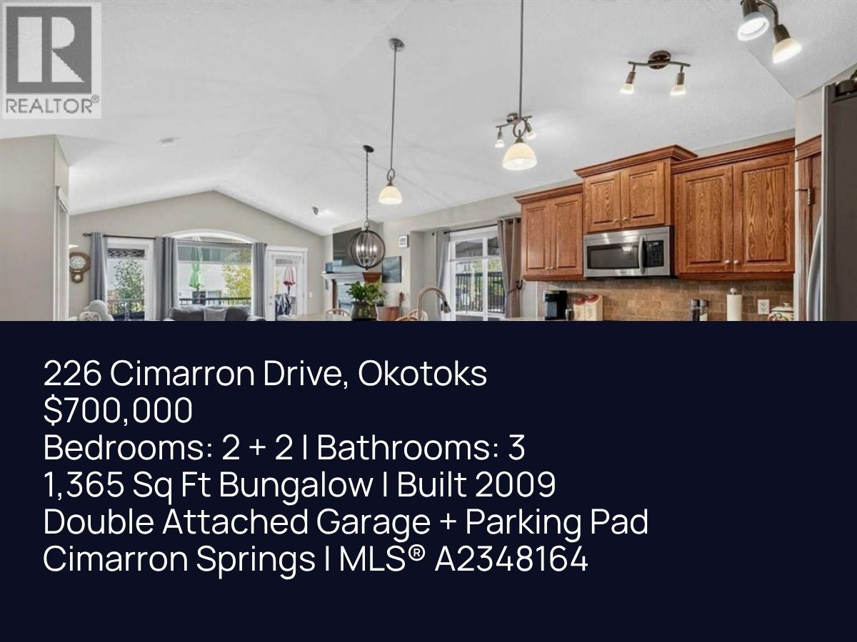 Listing details for 226 Cimarron Drive, Okotoks: $700,000, 2+2 bedrooms, 3 bathrooms, 1,365 sq ft, built 2009, double garage, MLS A2348164