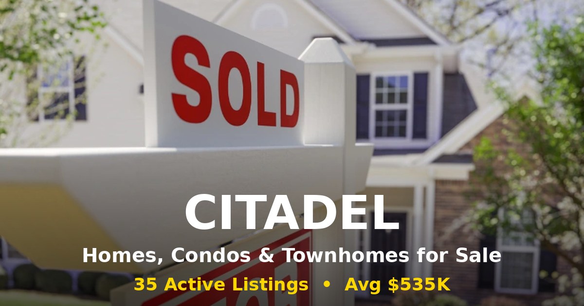 Citadel Calgary community graphic: homes, condos and townhomes for sale, 35 active listings averaging $535K
