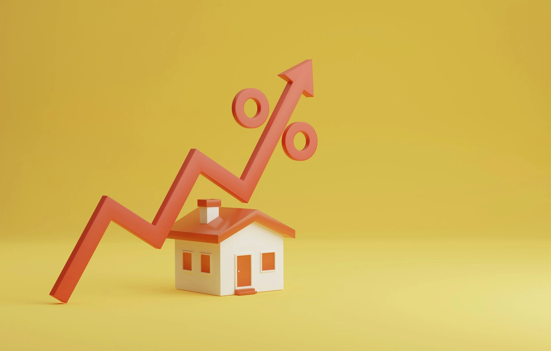 3D red arrow and percentage sign rising above a small house symbolizing mortgage rate changes in Calgary.
