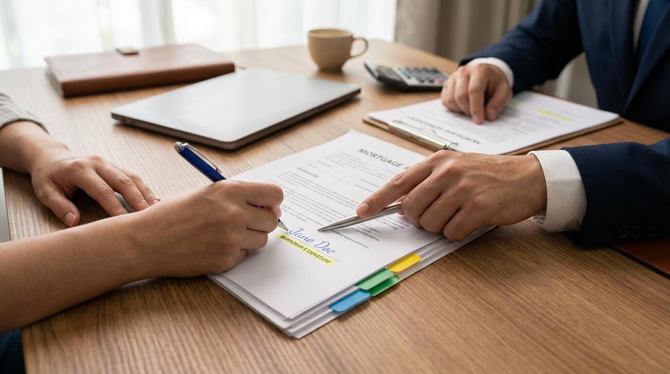 Homebuyer signing mortgage pre-approval documents with a pen