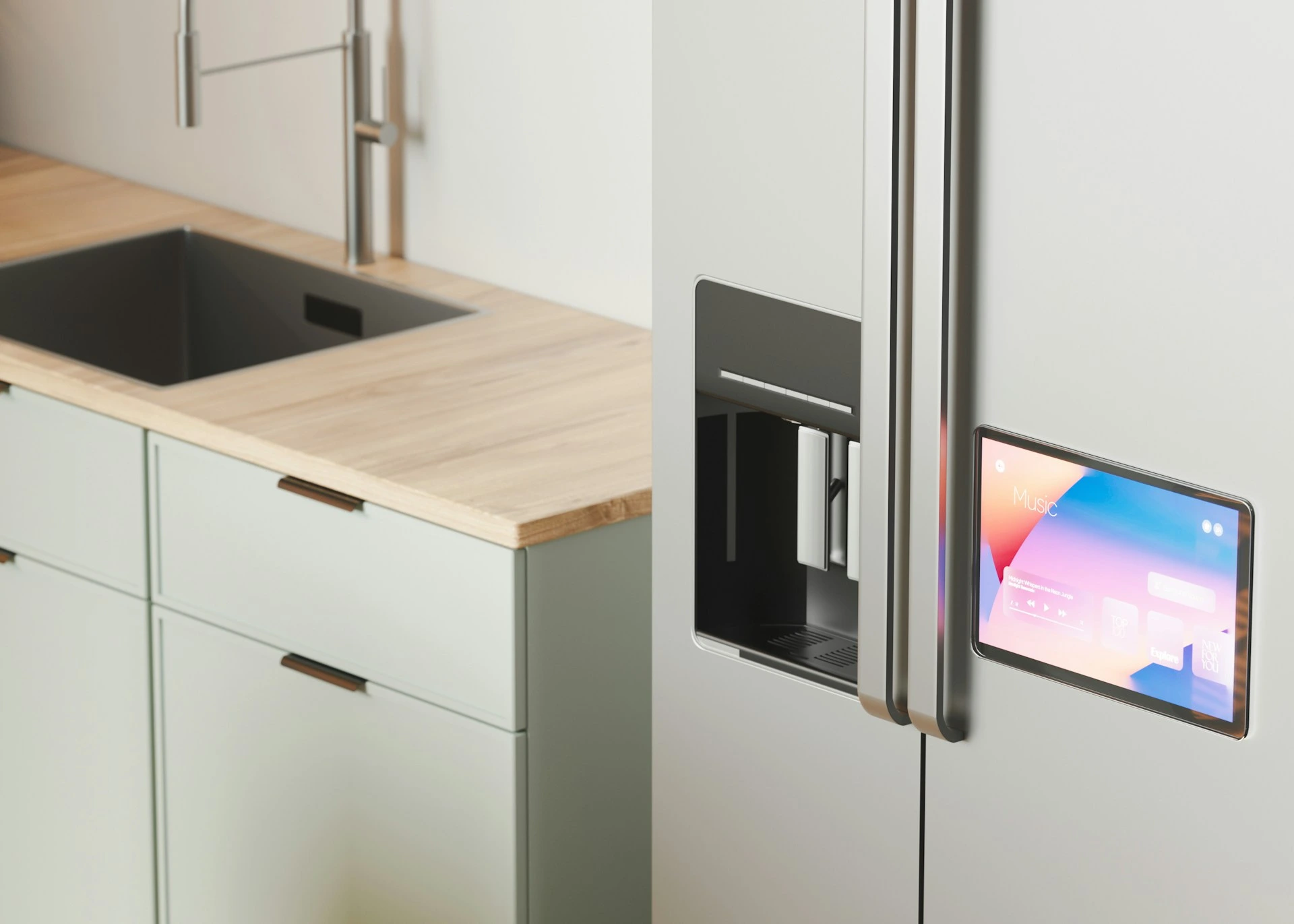 Smart refrigerator with touch-screen panel in a modern kitchen, showcasing connected home appliances.