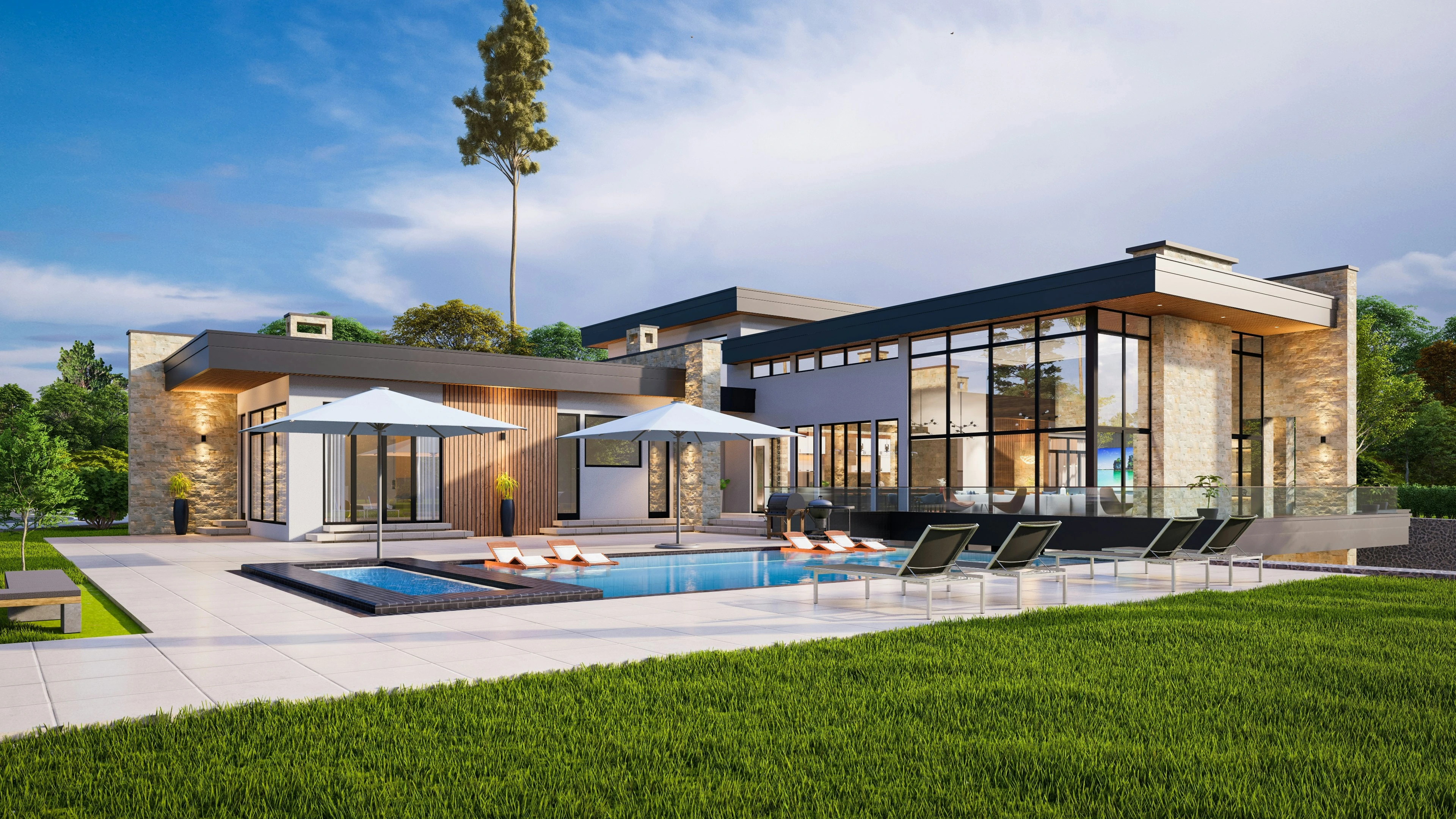 Modern luxury home in Calgary with pool and contemporary architecture.