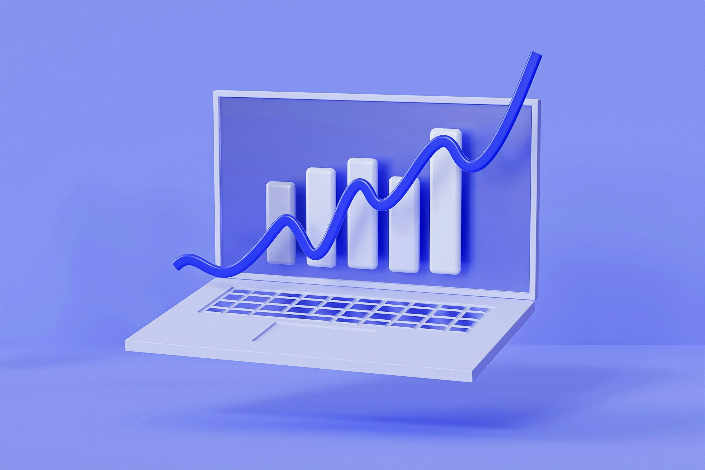 3D laptop with rising bar chart and upward line graph symbolizing Calgary real estate market growth.