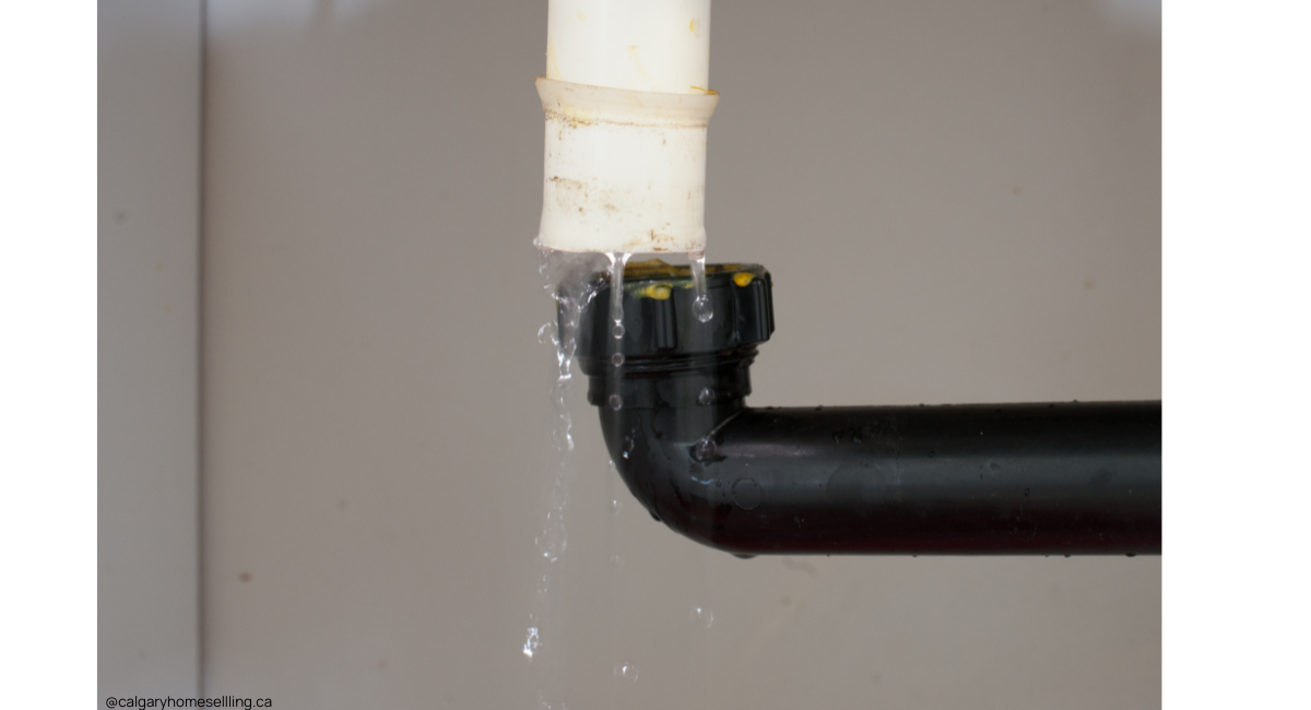 Leaking water pipe as a reminder for Calgary homebuyers to check plumbing during inspections.