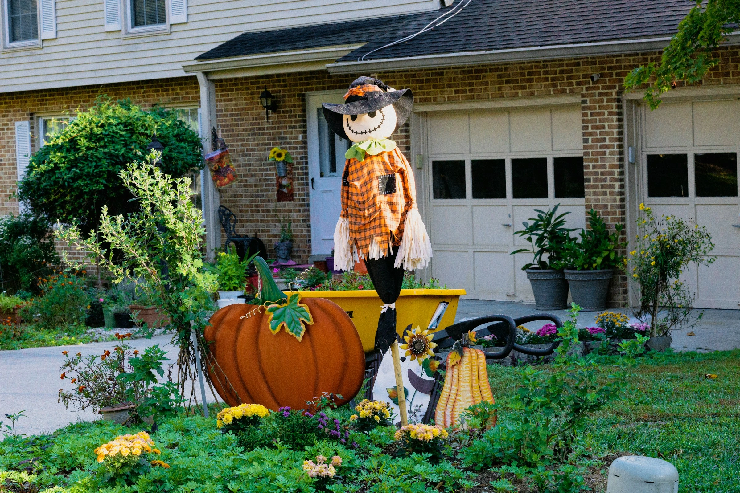 Calgary home with fall yard decorations, including a scarecrow and pumpkins, for Labour Day weekend prep.